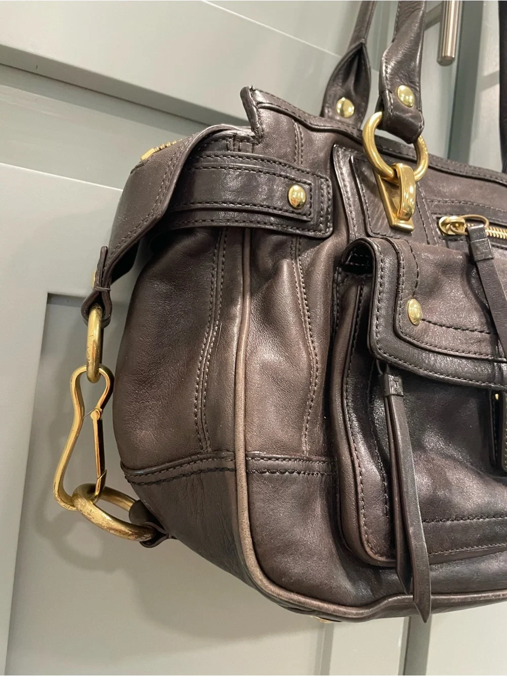 Coach Black Leather Handbag with Purple Lining